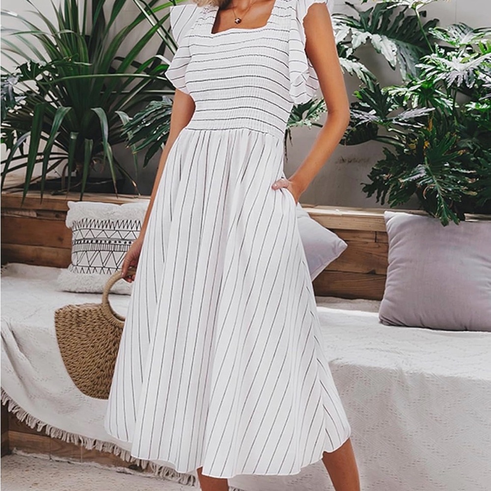 Miessial Womens Summer Smocked Midi Dress Casual Flutter Sleeve